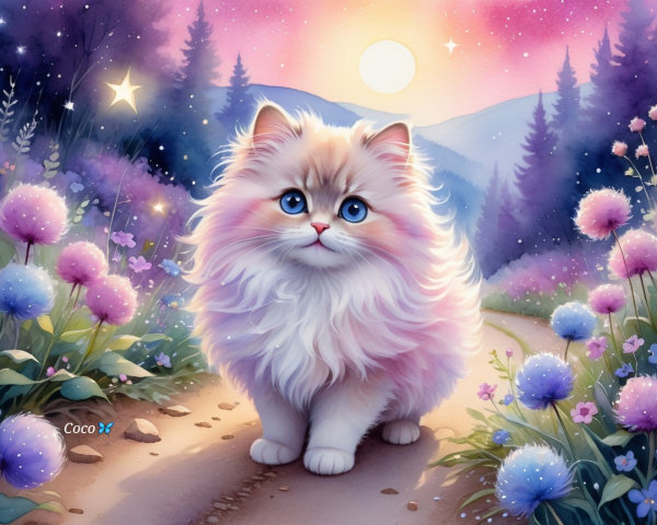 Pastel Cat on Scenic Path with Vibrant Flowers