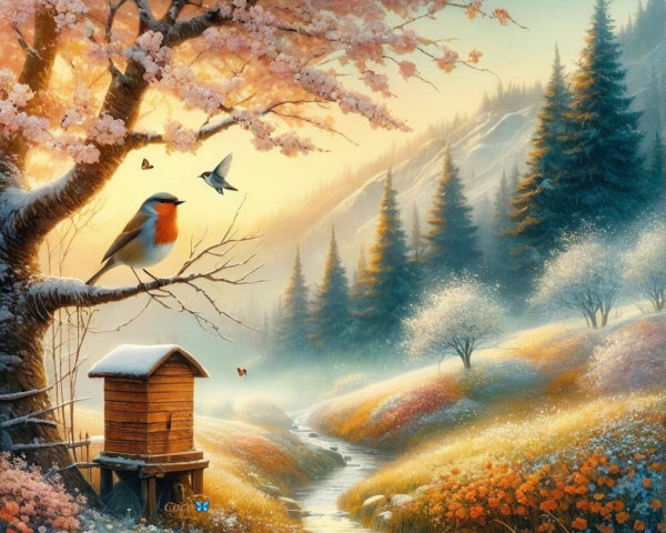 Serene Landscape with Bird and Blossoming Tree