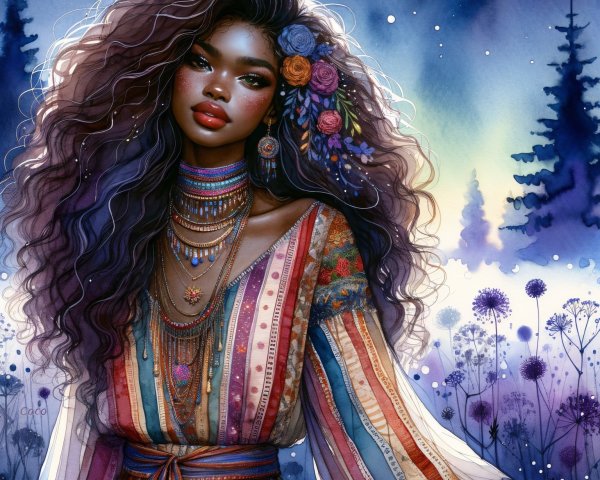 Illustration of a woman with curly hair and flowers