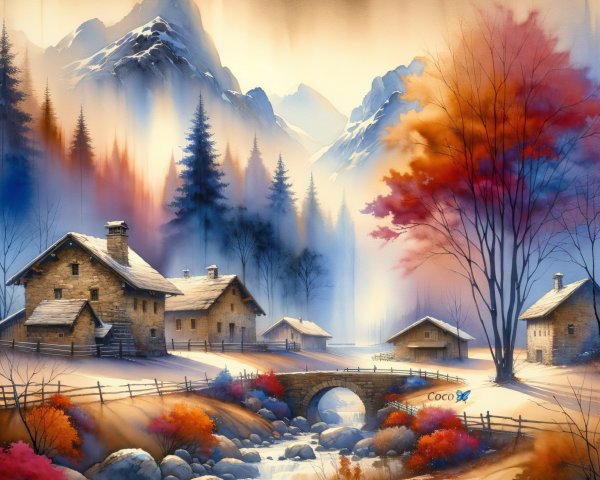 Winter Landscape with Cottages and Autumn Trees
