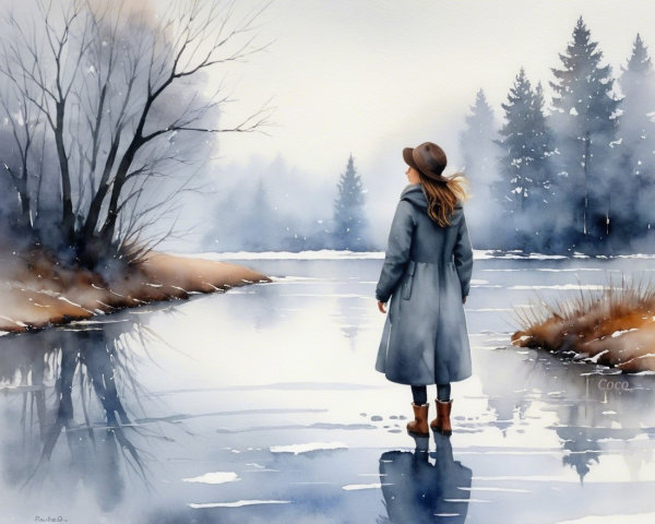 Winter Scene with Woman by Frozen Lake and Trees