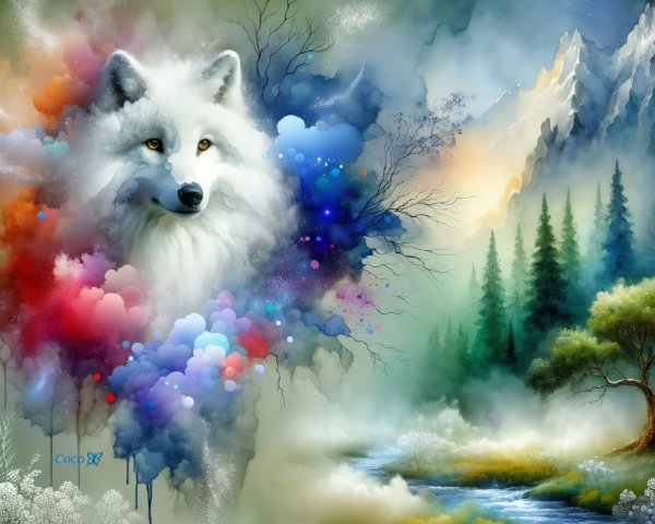 Majestic white wolf in a colorful natural landscape