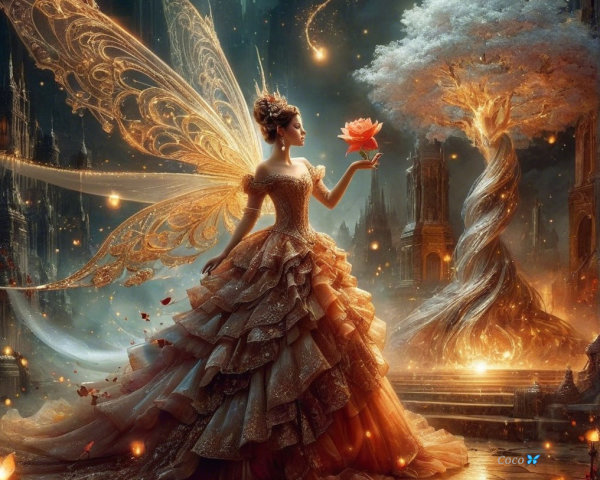 Majestic fairy in golden gown with shimmering wings