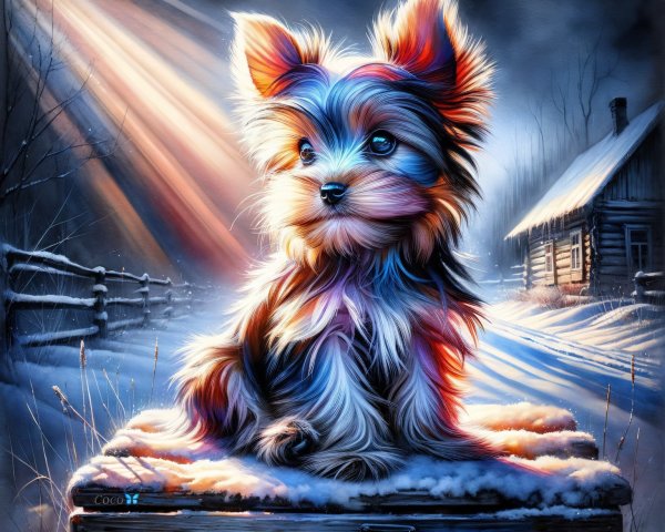 Yorkie Puppy on Vintage Suitcase in Winter Scene