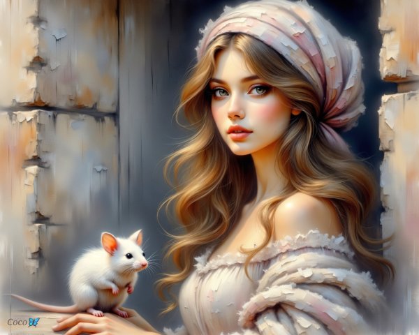 Young woman with mouse in flowing garment and scarf