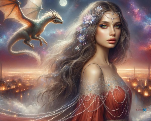 Mystical Scene of Woman, Dragon, and Starry Cityscape