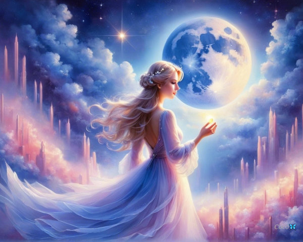 Mystical Woman Under Glowing Moon and Stars
