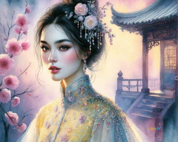 Traditional Attire with Cherry Blossoms and Pagoda