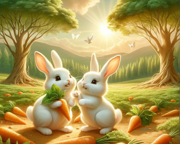 White Rabbits in a Sunlit Meadow with Carrots and Butterflies