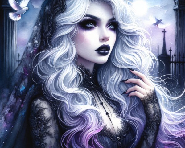Mystical figure in silver hair with lace clothing at twilight