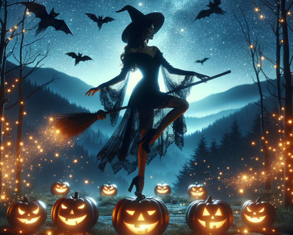 Mystical Witch on Pumpkin with Halloween Elements