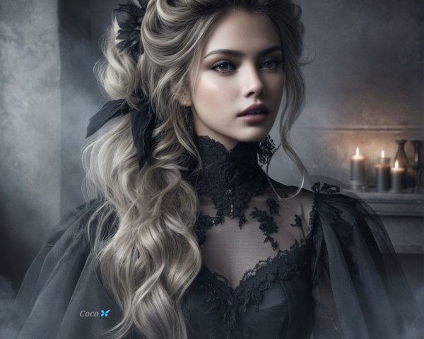 Young Woman in Gothic Dress with Candlelight Glow