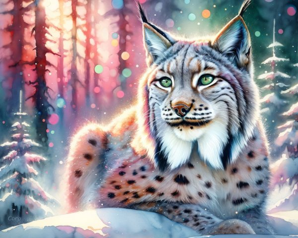 Lynx in Snowy Forest with Colorful Lights and Trees