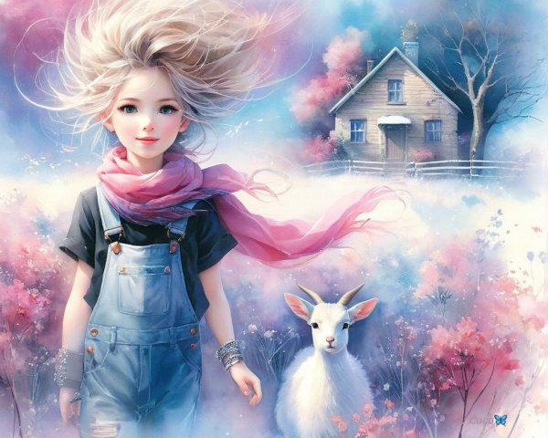 Young Girl in Denim Overalls in Blooming Landscape