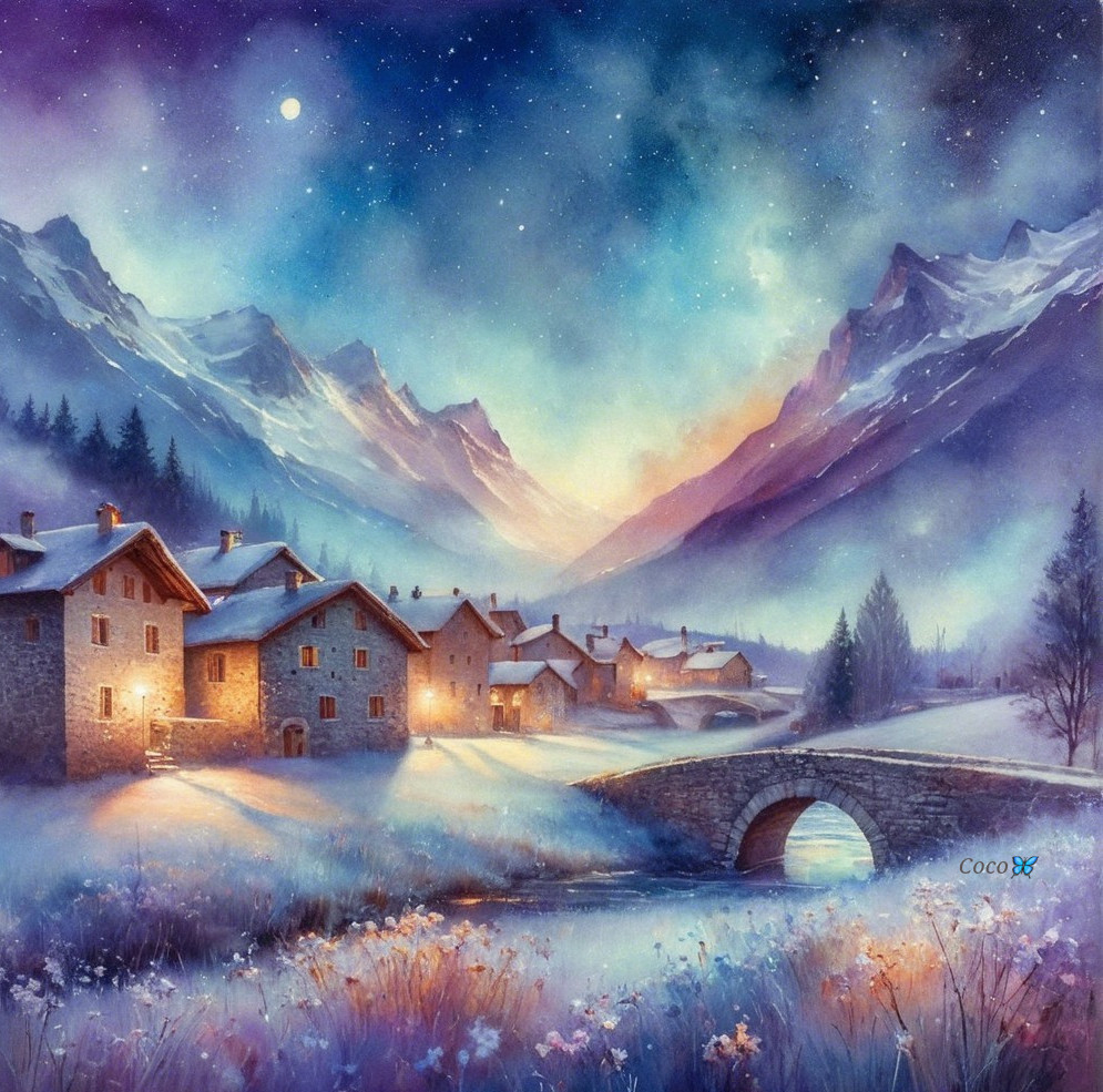 Winter Landscape with Cottages and Snowy Mountains