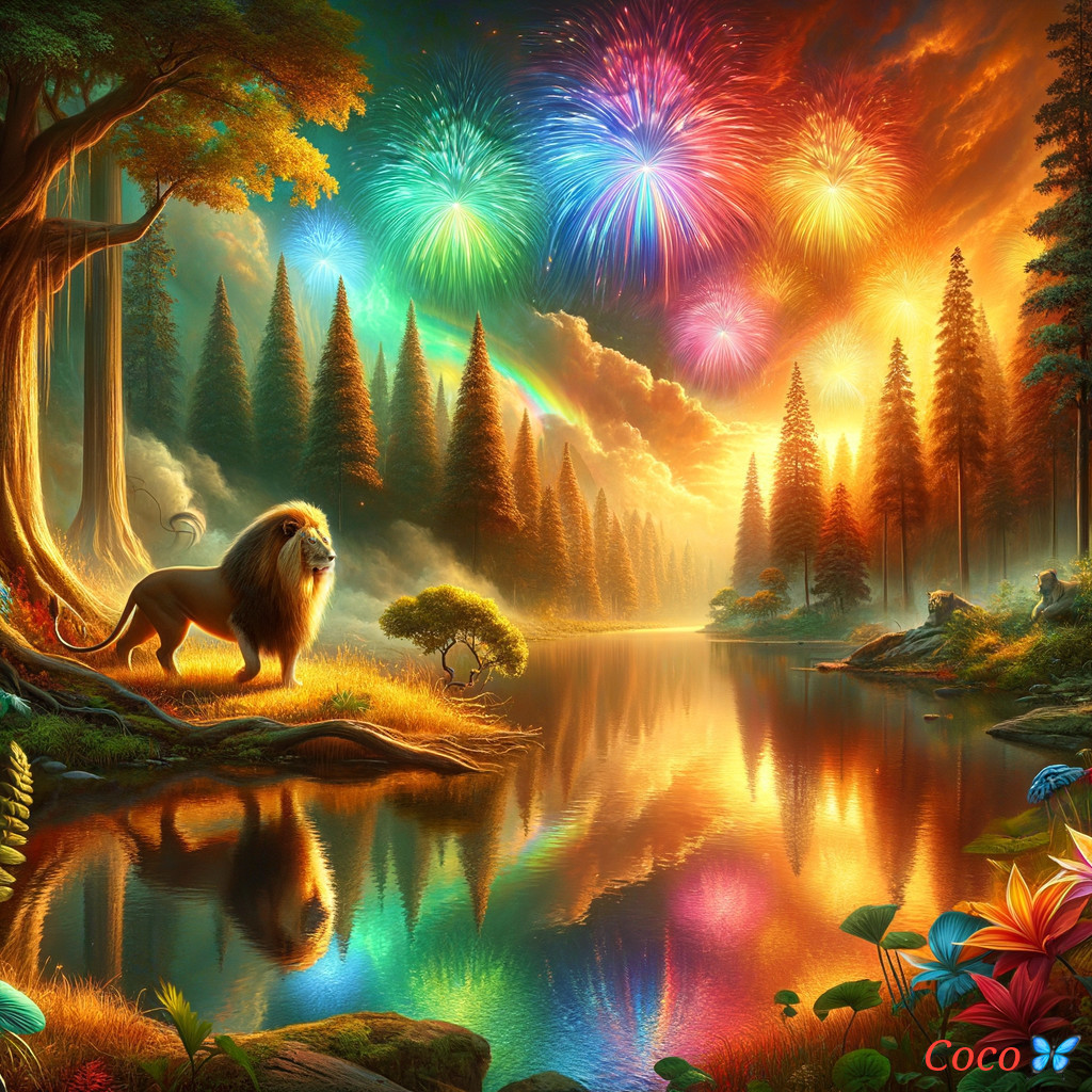Lion by Lake with Sunset and Fireworks Display