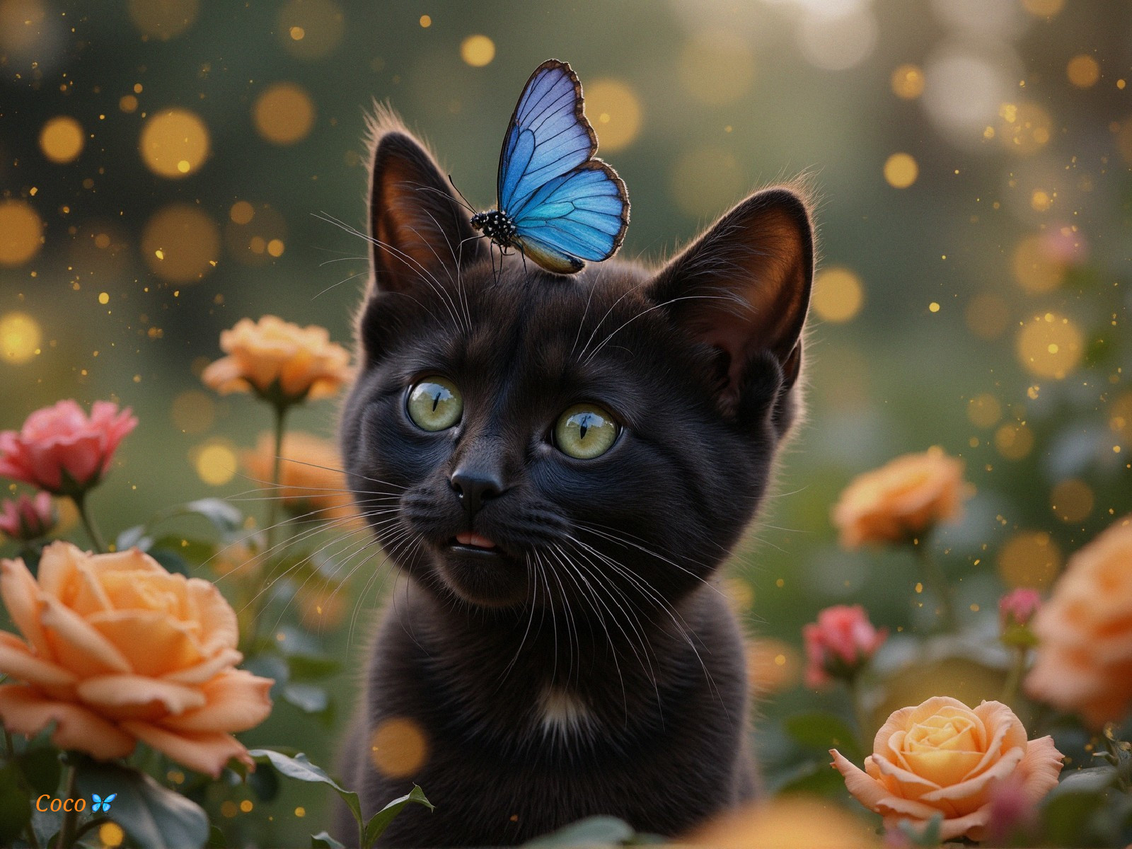 Black Cat with Butterfly Among Orange Roses