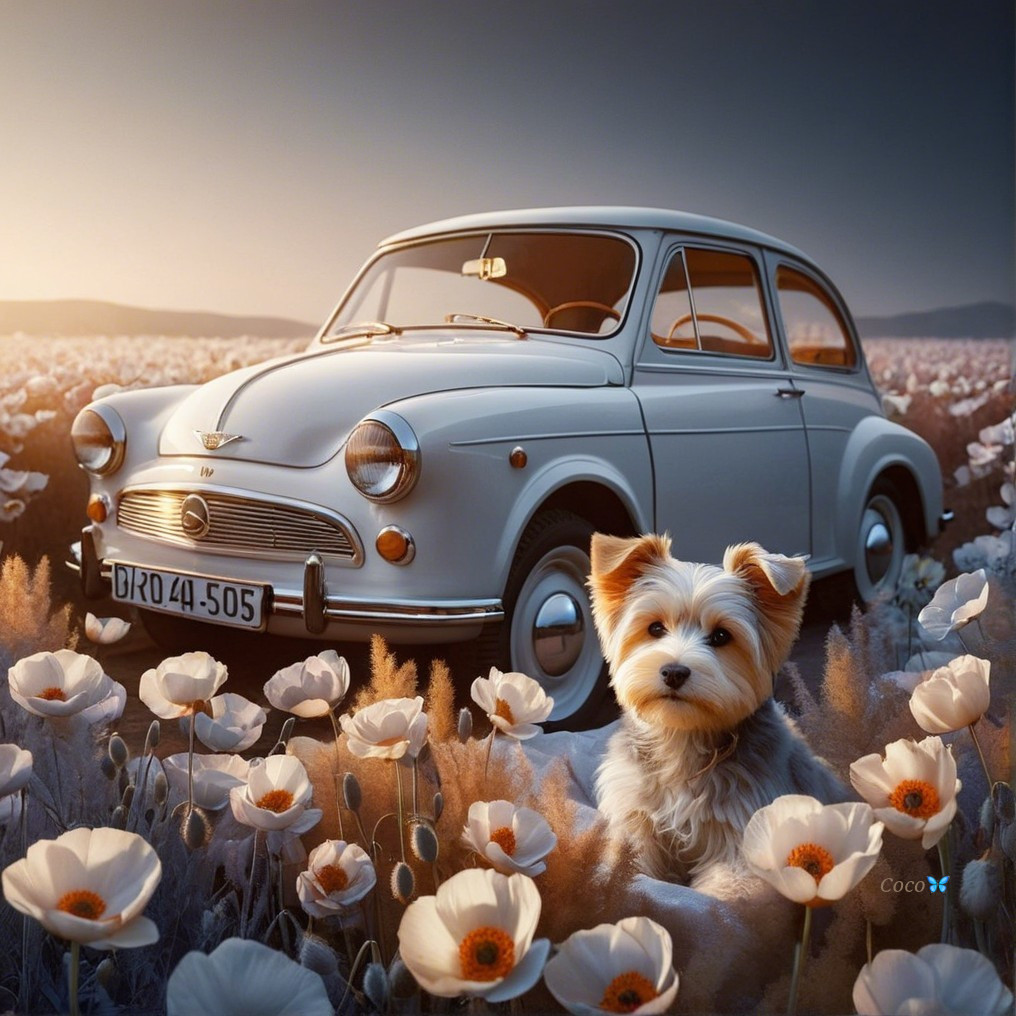 Vintage car in a field of flowers with a dog