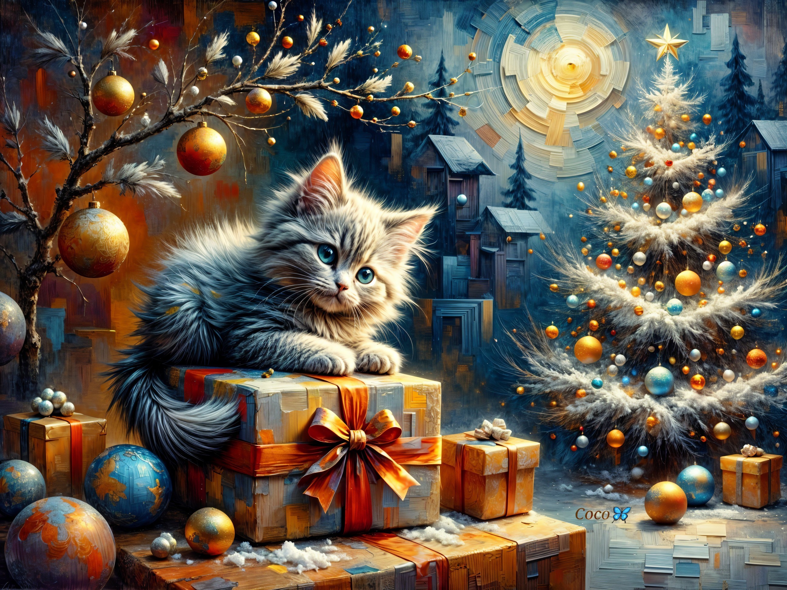 Detailed Digital Illustration of a Grey Kitten and Gifts