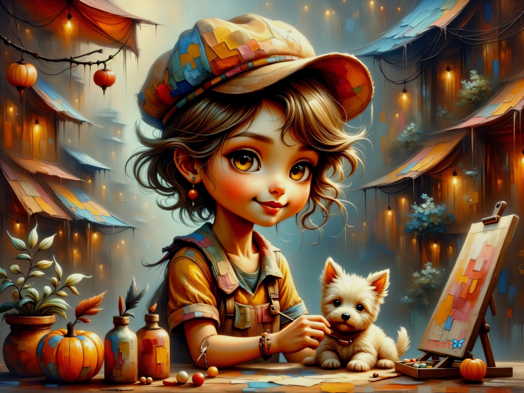 Young Girl Painting in Autumn Decorated Street