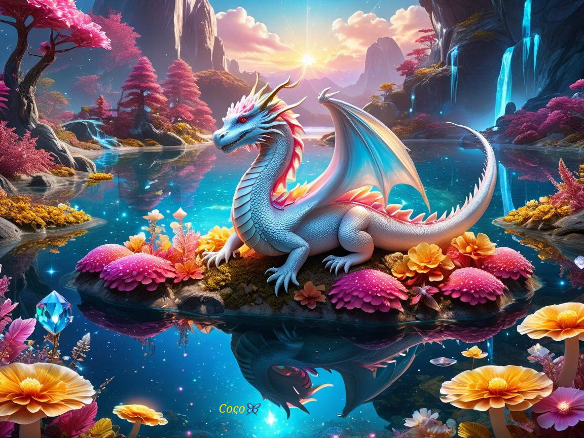 Majestic dragon on a vibrant island at sunset