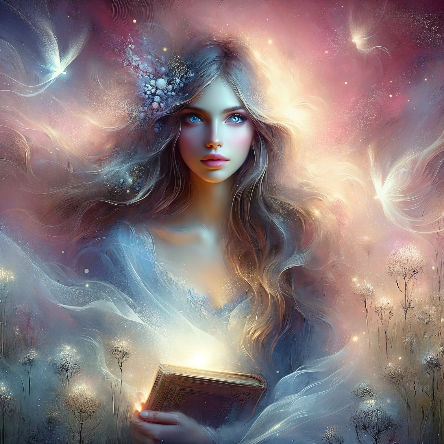 Mystical Woman with Ancient Book in Ethereal Landscape