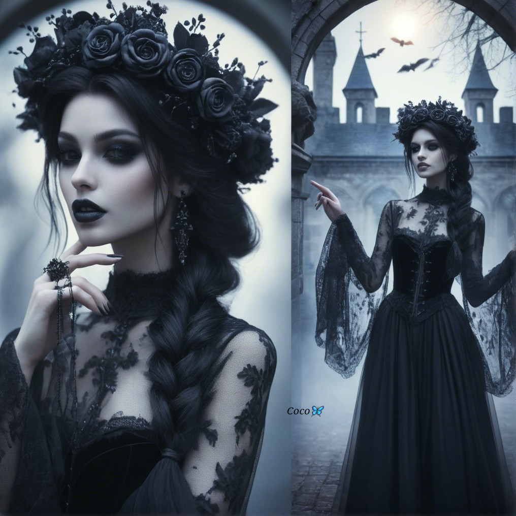 Gothic Landscape with Figure in Black Lace Gown
