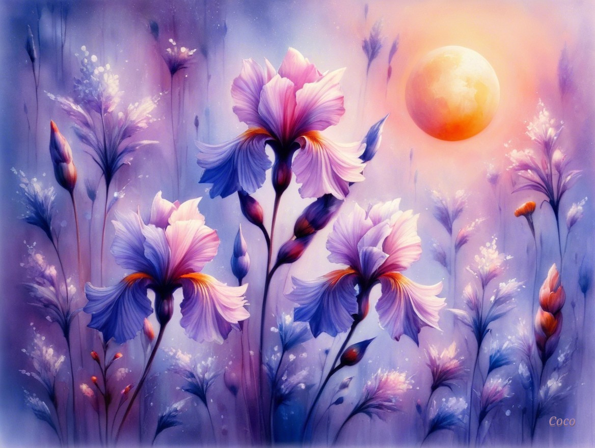 Dreamy Landscape with Irises and Pastel Sky