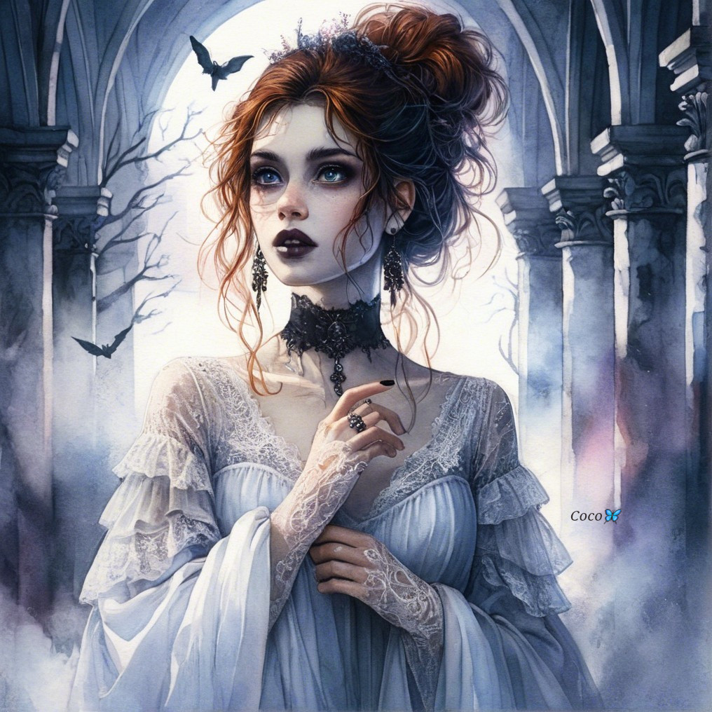 Gothic Setting with Young Woman in Elegant Attire