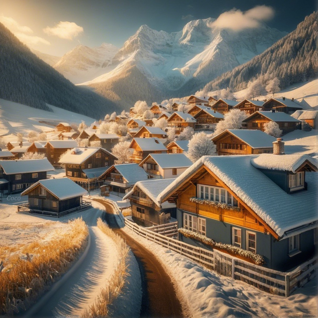 Winter Village Surrounded by Snow-Capped Mountains