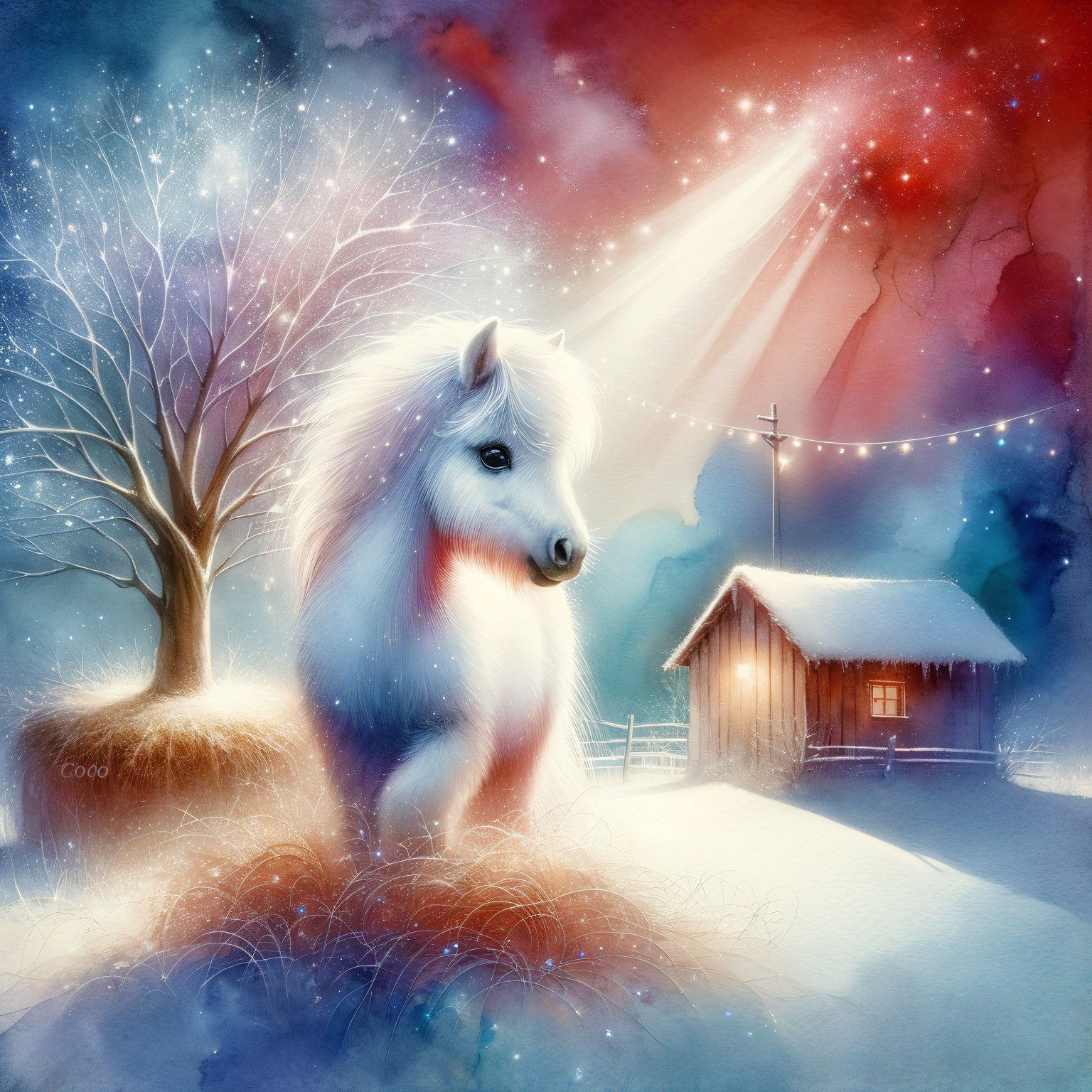Dreamlike Digital Watercolor of Pony in Snowy Landscape
