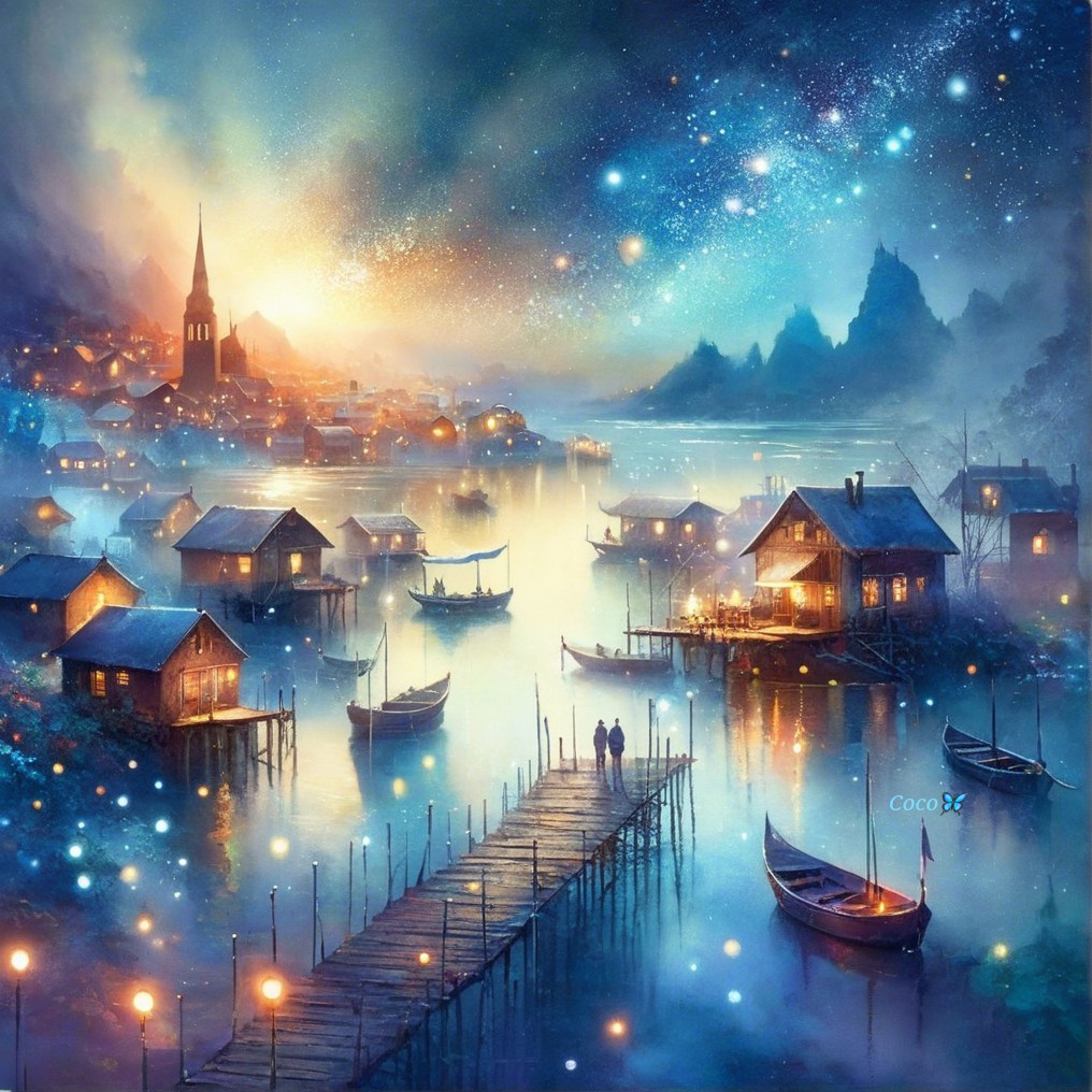 Lakeside Village Under Starlit Sky and Misty Atmosphere
