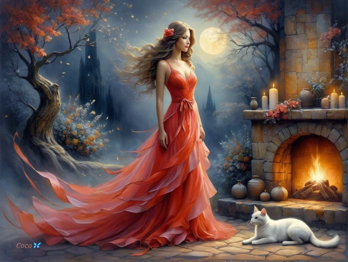 Woman in red gown by fireplace in mystical forest