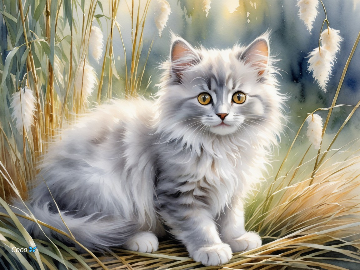 Fluffy Gray and White Kitten in Soft Grass Setting