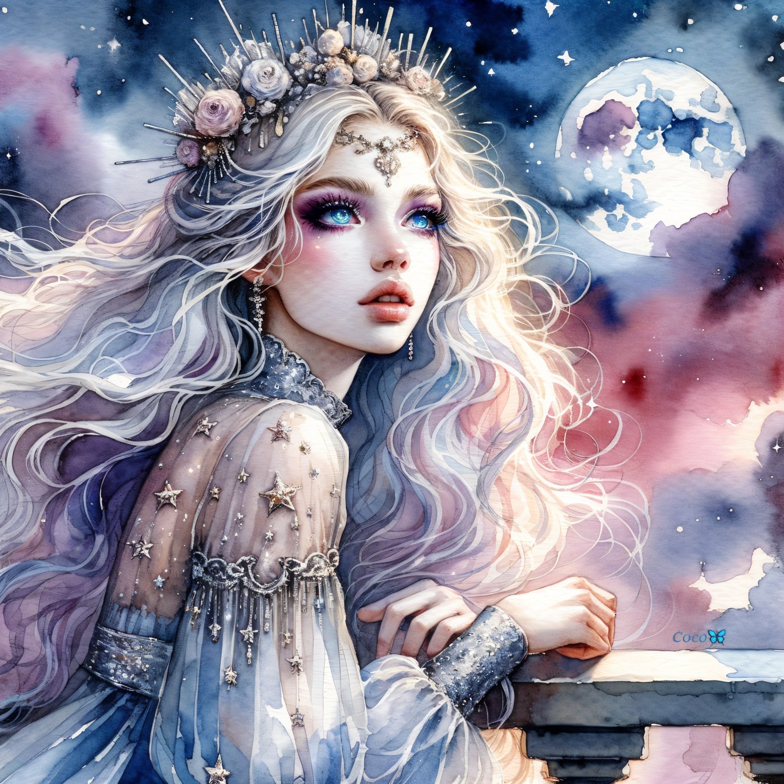 Celestial Figure in Sparkling Gown Under Moonlight