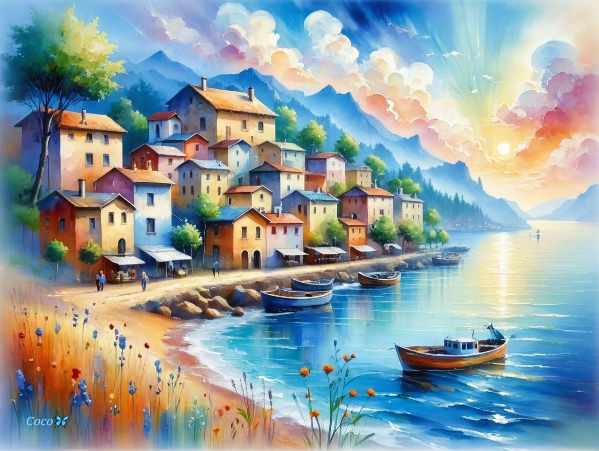 Charming Coastal Village with Colorful Houses and Boats