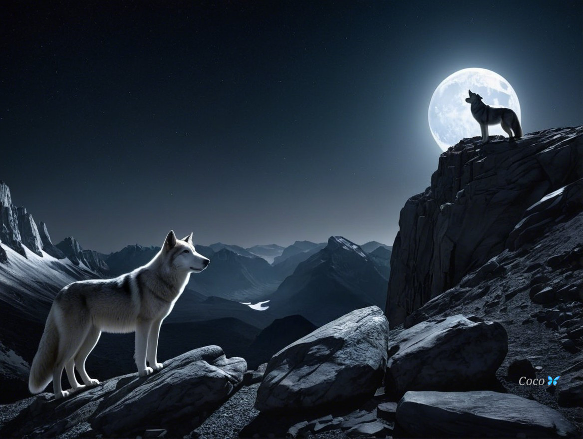 Wolves in a Moonlit Rocky Landscape at Night