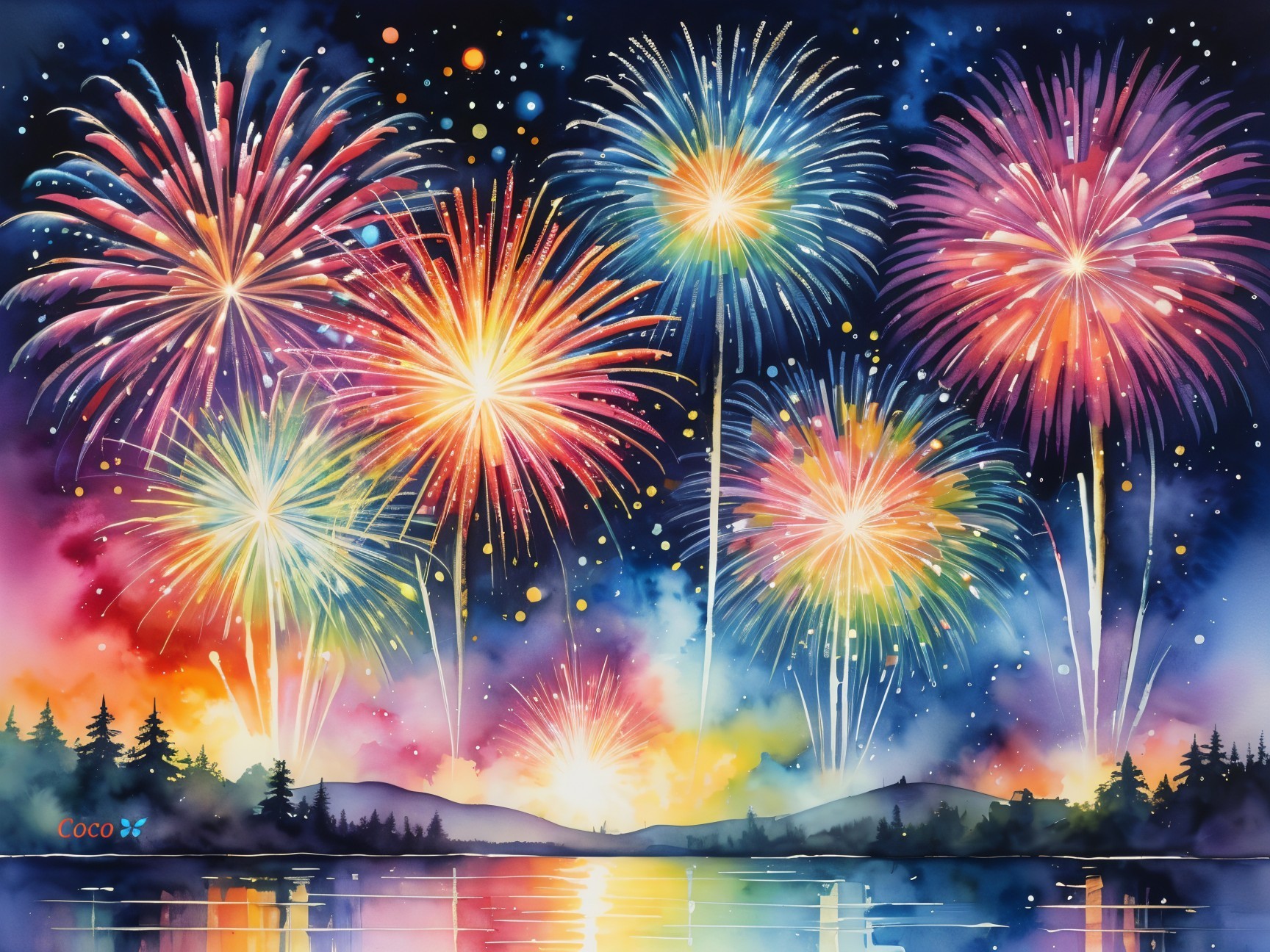 Watercolor Painting of Fireworks Over a Serene Lake