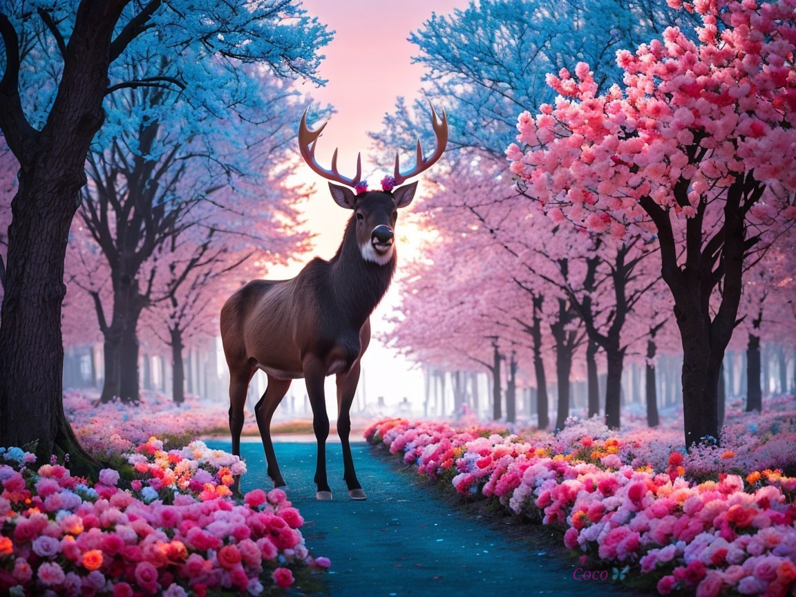 Majestic deer in a serene flower-lined landscape
