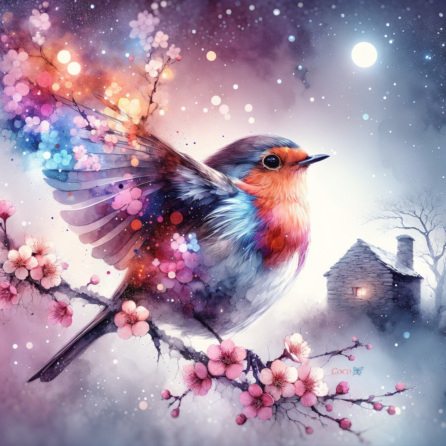 Colorful Bird on Blossoming Branch with Moonlit Cottage