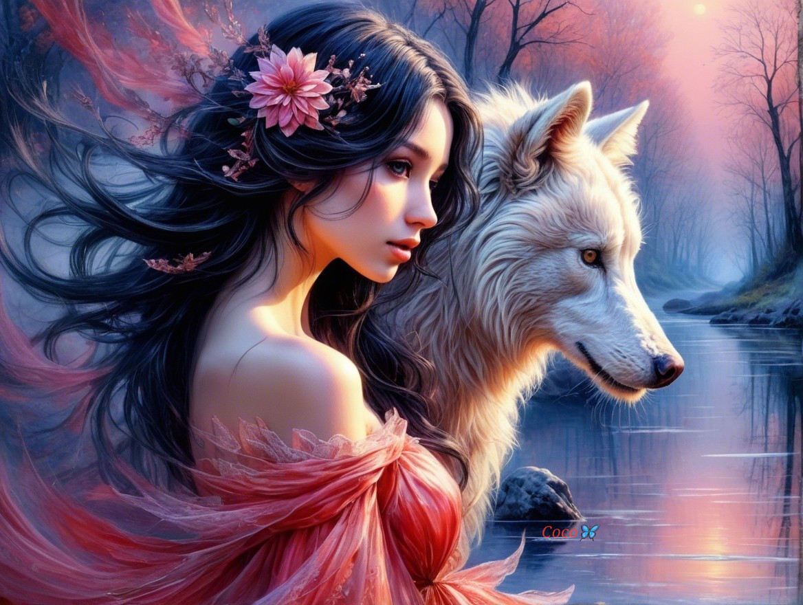 Serene scene of a woman and a white wolf by a river