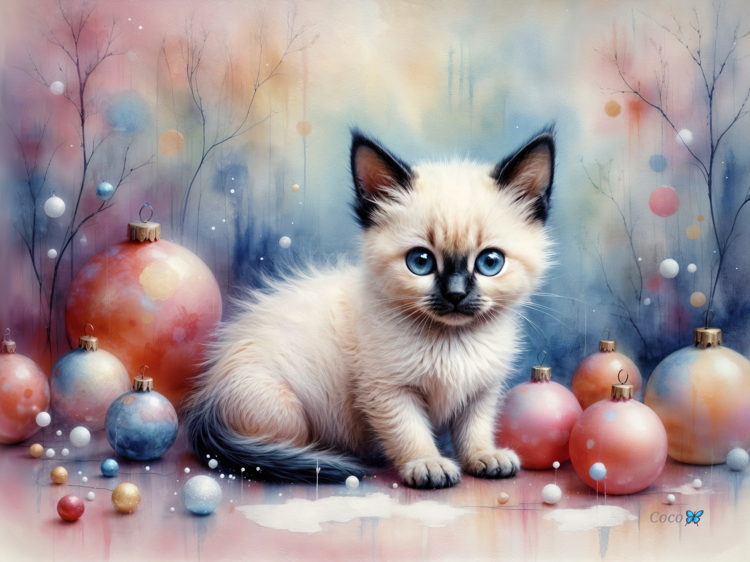 Fluffy Kitten Surrounded by Colorful Holiday Ornaments