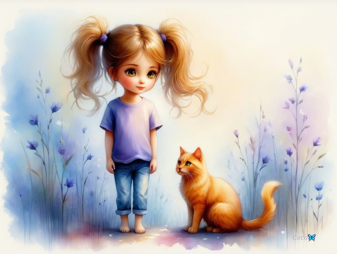 Youthful girl with pigtails and orange cat in flowers