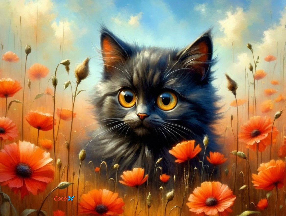 Fluffy Black Kitten in a Field of Orange Poppies