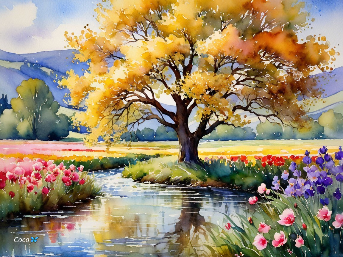 Serene Watercolor Landscape with Vibrant Tree and River