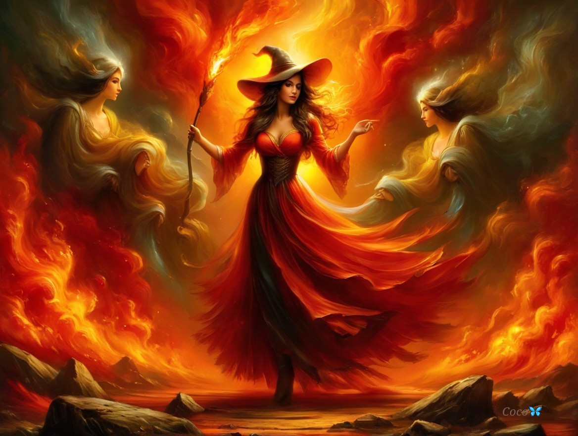 Powerful sorceress in flames with glowing staff and spirits