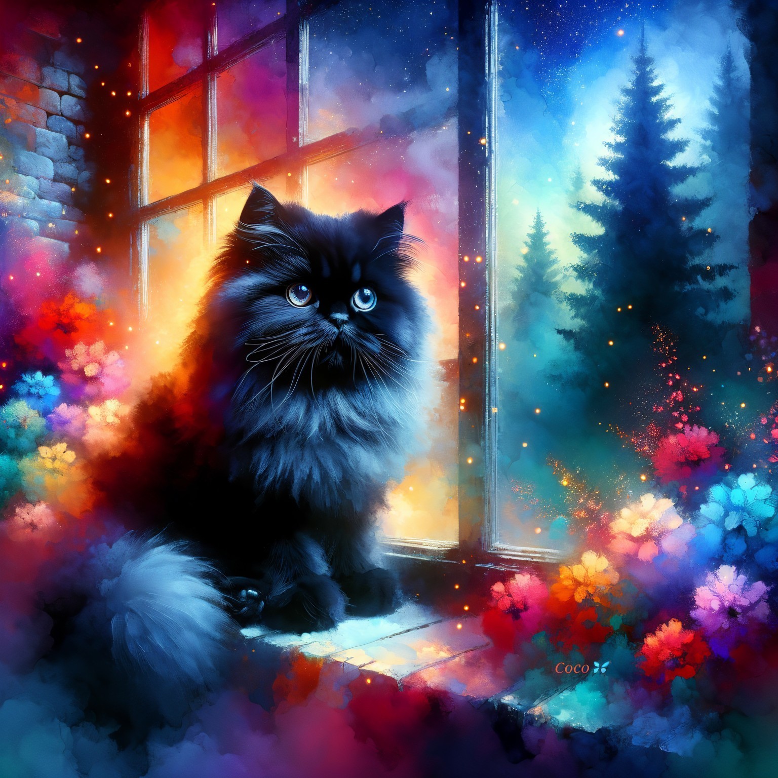 Fluffy Black Cat on Windowsill with Colorful Landscape
