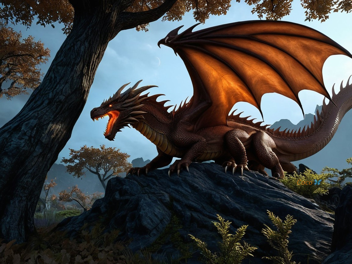 Bronze Dragon on Rocky Outcrop in Autumn Landscape