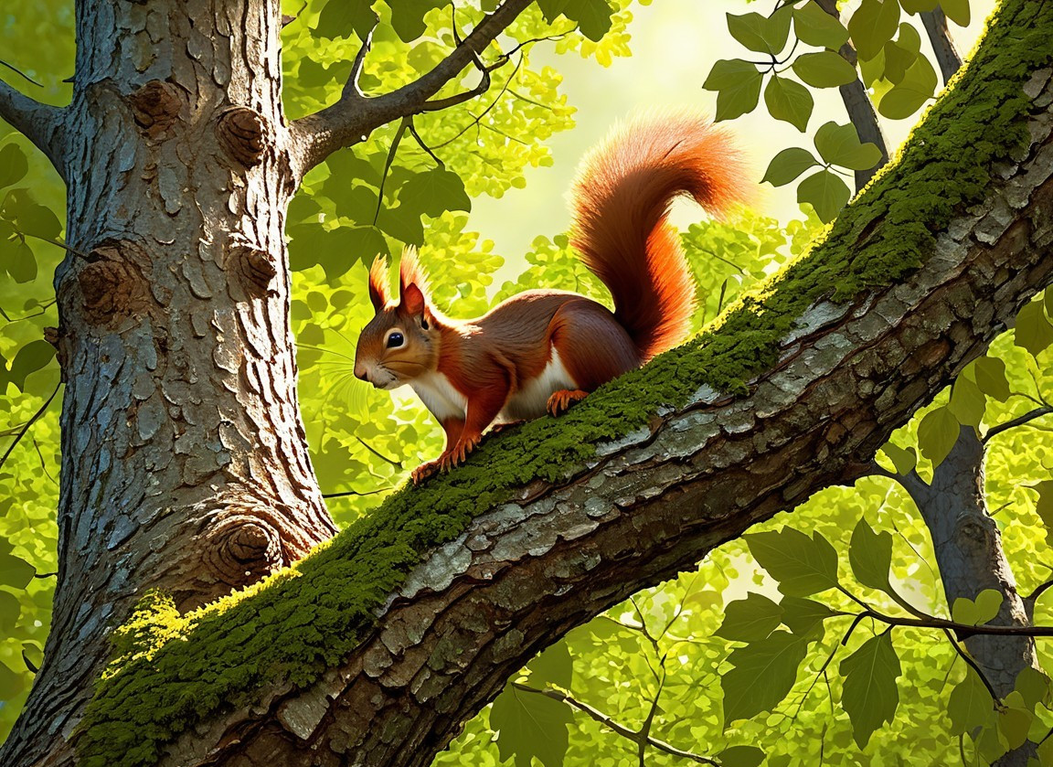 Squirrel on Moss-Covered Branch in Lush Forest Setting