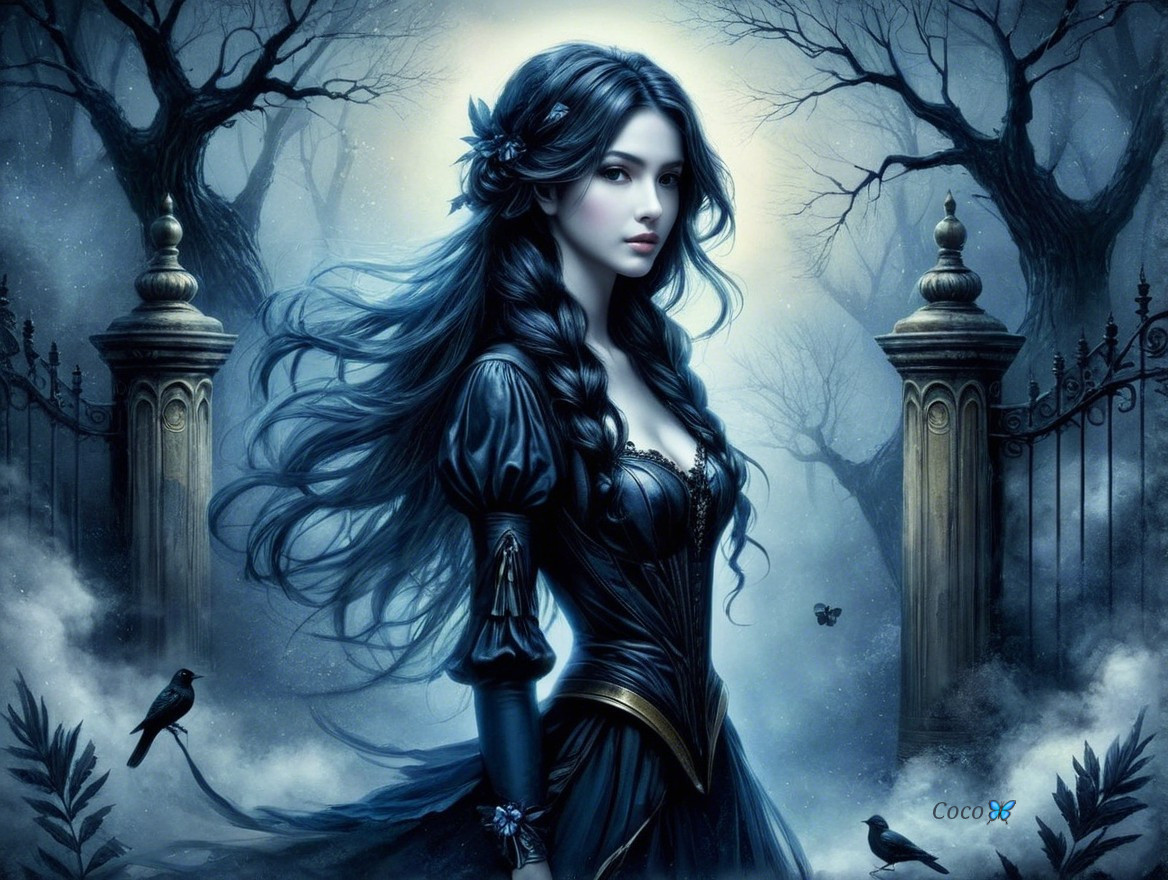 Hauntingly Beautiful Woman in Misty Twilight Landscape